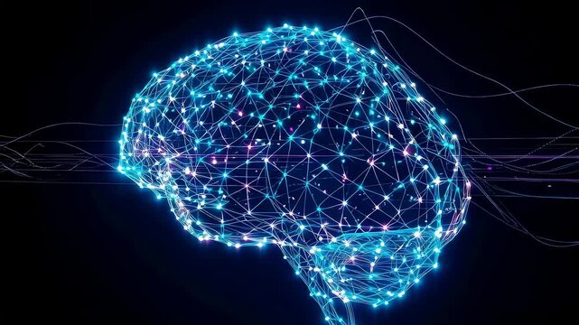 Digital brain animation with wireframe network. Artificial intelligence and machine learning concept for technology communication.