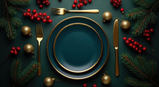 Festive christmas table setting with green plates gold cutlery and red berries
