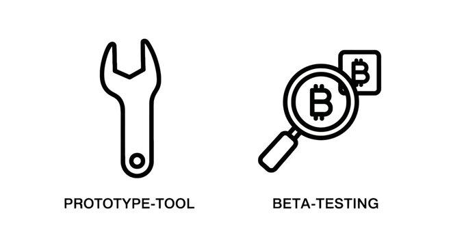 Prototype tool and beta testing cryptocurrency analysis icons with prototype cryptocurrency magnifying development analysis software investment