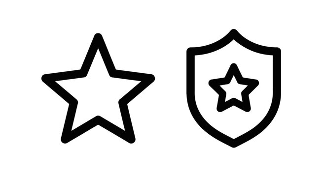 Star rating and security shield outline icons collection with security protection favorite feedback development evaluation importance guarantee