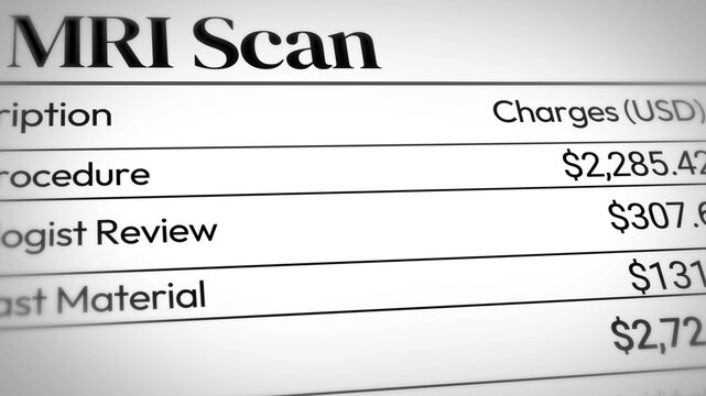 Itemized medical bill showing MRI scan procedure and associated charges, backdrop template