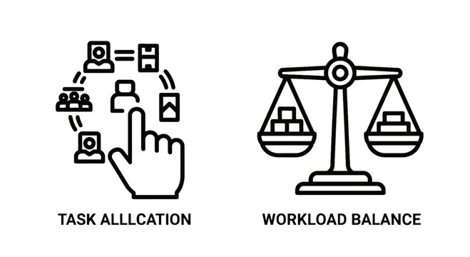 Business productivity icons set task allocation and workload balance with allocation workload business management productivity planning efficiency