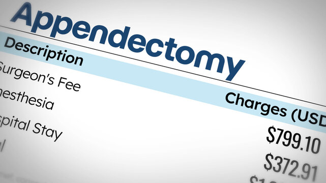 Medical bill showing detailed charges for appendectomy surgery, backdrop