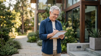 Fototapeta premium Smiling senior man writing notes in beautiful outdoor setting