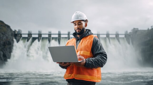 An engineer in a hard hat and safety vest uses a laptop at a powerful hydroelectric dam