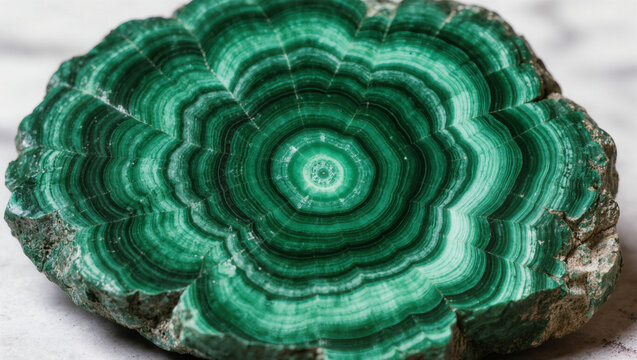 Malachite Green Concentric Swirl Pattern Stone Texture Macro Close-Up, Natural Material Background Pattern
