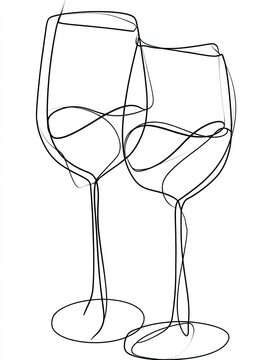 Black continuous line drawing features two elegant wineglasses on a transparent background