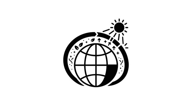 A minimalist black and white icon depicting a globe surrounded by a circular arrow and a sun symbol.