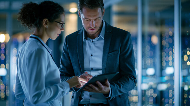 Faceless male DevOps engineer and female IT consultant using a tablet, standing in an office above rows of servers in a data center, developing AI automation scripts, defocused