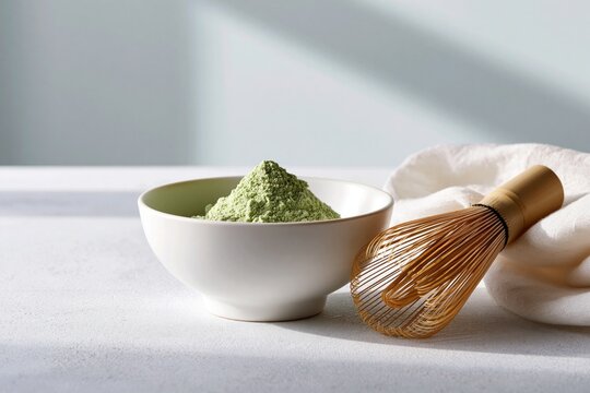 White bowl of matcha, bamboo whisk, golden hour light
