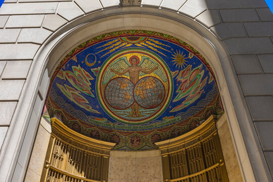 New York City, USA &ndash; April 6, 2026: Historic Art Deco mosaic above the entrance of the former International Telephone and Telegraph (ITT) Building in Midtown Manhattan, New York City.