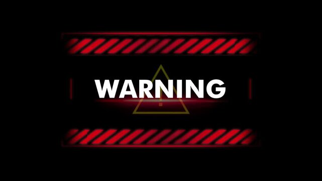 White Warning Text Sign with Glowing Red Hazard Stripes and Triangle Symbol on Black Background