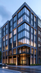 Fototapeta premium Large city commercial building exterior 3D model with a daytime panorama showing realistic window details and modern architectural styling, architectural visualization concept