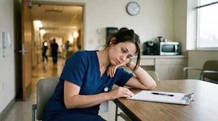Fototapeta premium Tired nurse resting in hospital break room during shift