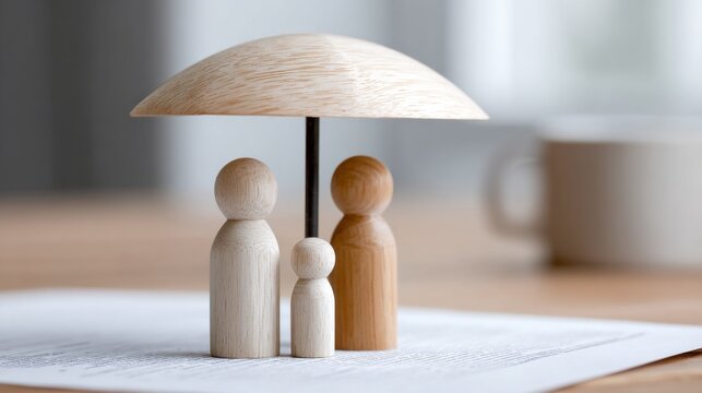 Umbrella protecting wooden family on financial docs = security