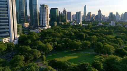 Fototapeta premium Aerial helicopter footage slowly circling a large urban park with nature, trees, people relaxing on a field surrounded by city skyscrapers, beautiful sunny day slow motion