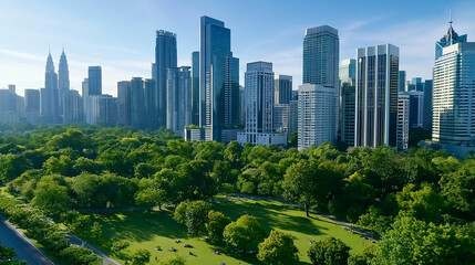 Fototapeta premium Aerial helicopter footage slowly circling a large urban park with nature, trees, people relaxing on a field surrounded by city skyscrapers, beautiful sunny day slow motion