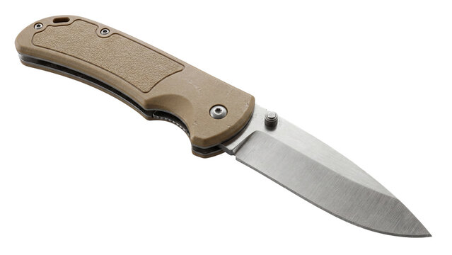 Pocket knife isolated PNG on transparent background, beige folding knife with pointed blade