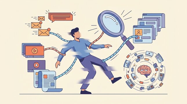 Overwhelmed man multitasking with digital information streams using a magnifying glass in modern flat style