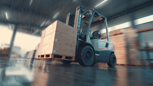 Forklift moves at high speed, carrying stacked boxes through a blurred warehouse environment