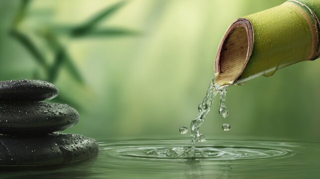Water flows from green bamboo to calm pond with three dark stacked stones