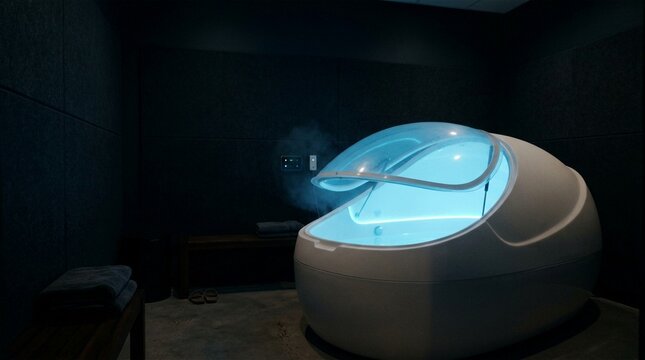 Modern sensory deprivation float tank with blue light illumination in a dark spa room