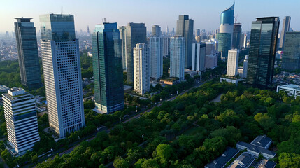 Obraz premium Aerial clear day cityscape footage, modern skyscraper buildings surrounding a famous central urban park, helicopter view focusing on architecture, city and urban life, defocused