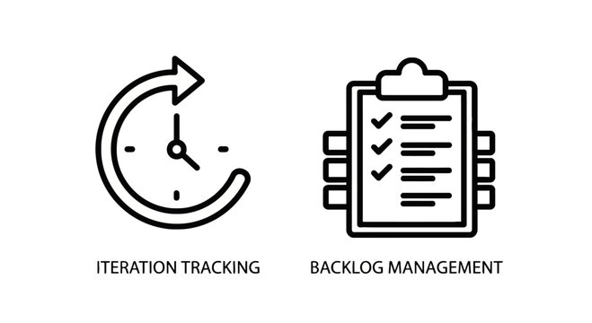 Project management line icons featuring iteration tracking with a rotating arrow clock and backlog management on a digital clipboard document, task list