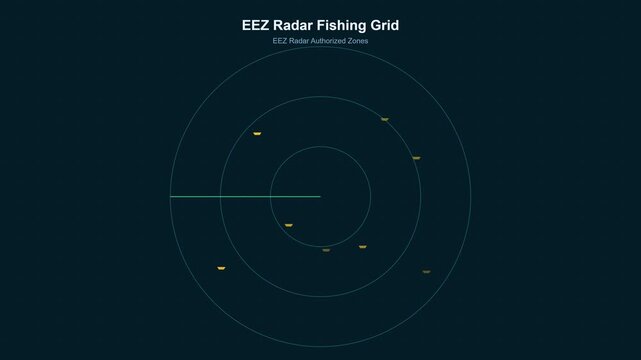 Eez radar fishing grid interface, maritime surveillance and authorized zone monitoring animation sonar