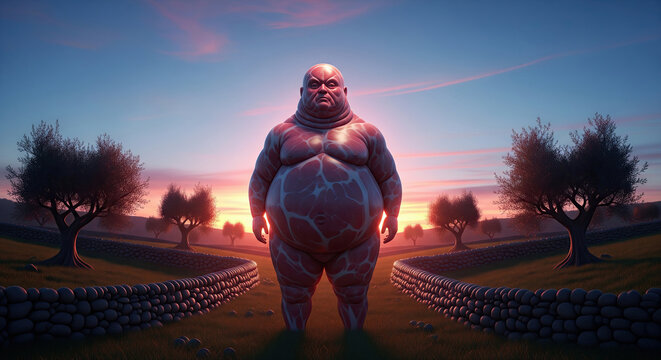 Don Capocollo: Surreal Food Art portrait in a traditional Apulian landscape at sunset
