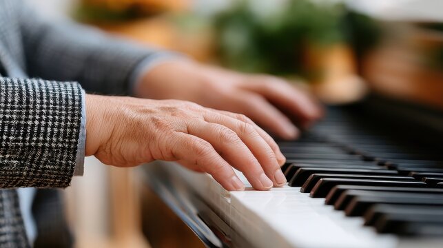A man plays the piano in a music studio, focusing on sound levels and music production while creating an enjoyable atmosphere
