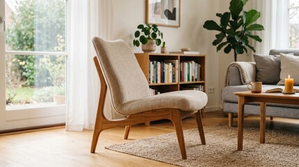 Fototapeta premium Modern scandinavian living room interior with beige accent chair