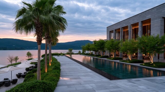 A spacious pool area features palm trees and sun loungers in a luxury resort, inviting guests to unwind under the sun