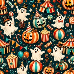 Fototapeta premium Cute Halloween Circus Seamless Pattern with Funny Ghosts, Jack-o'-Lantern Pumpkins, Popcorn, Candy and Carnival Tents on Dark Background