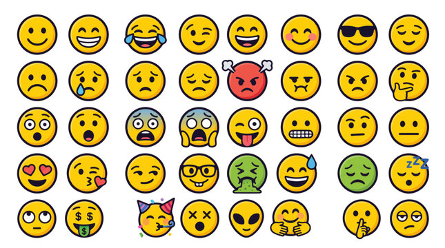Collection of diverse yellow emoji faces showing various emotions