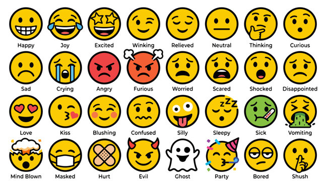 Collection of cartoon yellow emoji faces showing emotions