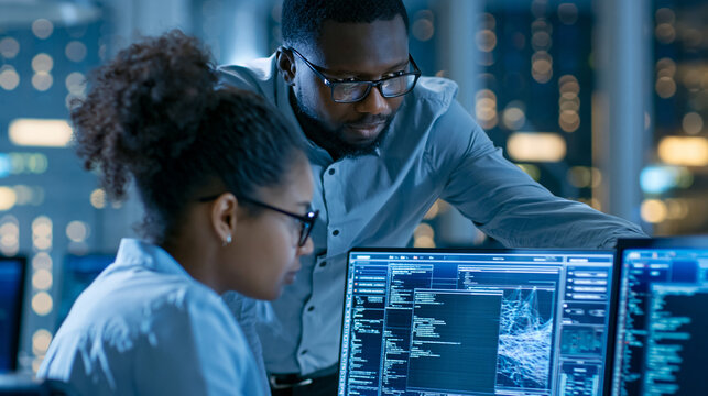 Faceless female developer working closely with a Black team leader standing beside her, both discussing screen setup showing AI code and model visualizations, improving their AI