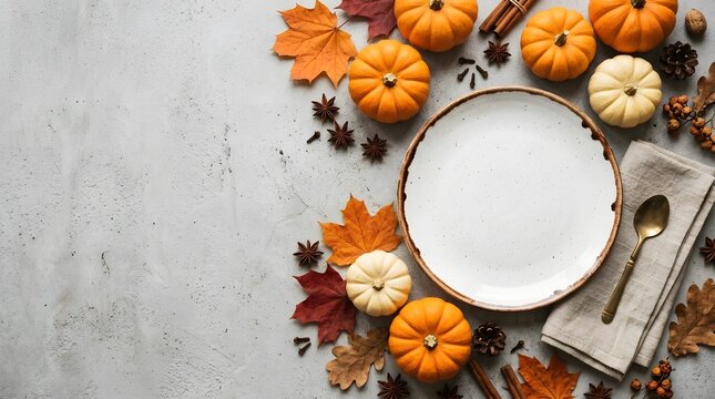 Autumn harvest table setting with pumpkins and leaves