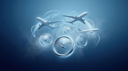Fototapeta premium Silver Aircraft Flying Above Fuel Gauges on Blue Abstract Background