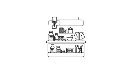 Obraz premium A hand drawn sketch of a pharmacy shelf with medical supplies and equipment.