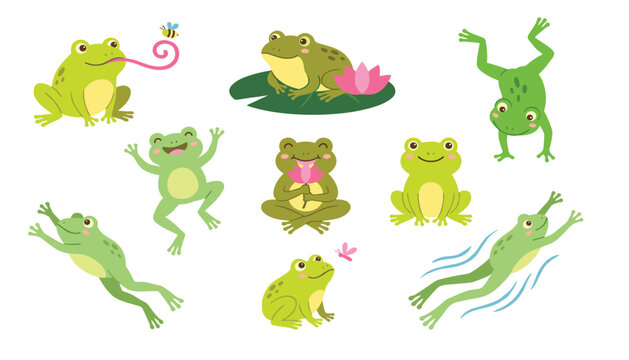 Cute cartoon green frog character set jumping swimming catching insect and sitting on water lily vector illustration isolated