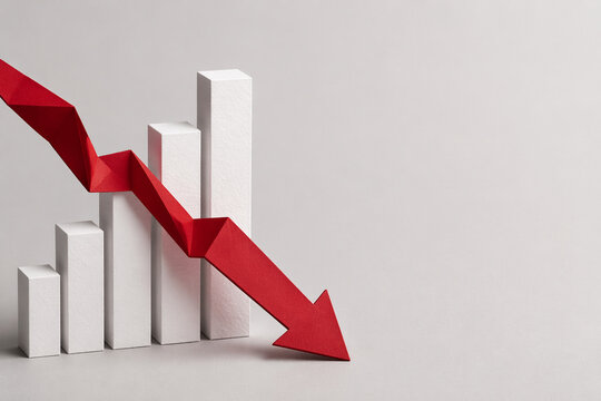 3D Bar Chart with Falling Red Arrow Depicting Financial Crisis