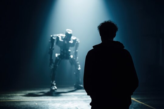 Silhouette of a person facing a metal robot in a dark room with dramatic backlighting
