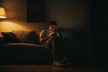 Fototapeta premium Teenager sitting on a sofa in a dark room at night looking at a smartphone in dim lamp light