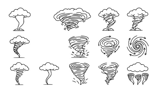 Tornado Cyclone Hurricane and Storm Weather Symbols Line Icon Collection