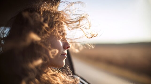 Young woman with curly hair blowing in the wind looking out of a car window at the road