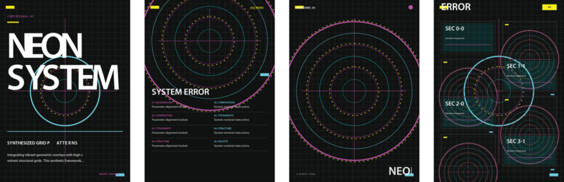 Neon circuit board UI screens with pink and blue glowing lines, for website or app design, neon system interface mockup