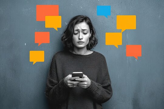 Upset woman looks at smartphone surrounded by colorful speech bubbles, cyberbullying and stress concept