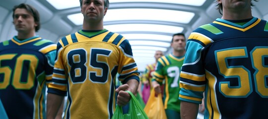 Fototapeta premium Football supporters walking through modern airport - inspired walkway with plain bags