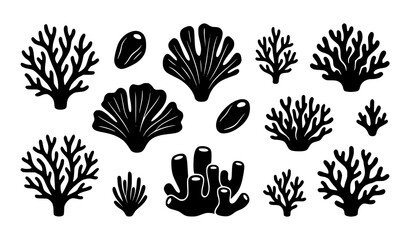 Coral Reef and Seashell Silhouettes Collection with Marine Decorations © MstNadiya